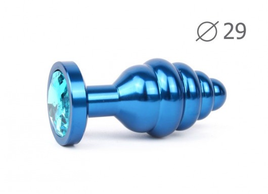 Коническая ребристая синяя анальная втулка с голубым кристаллом - 7,1 см. - Anal Jewelry Plug - купить с доставкой в Санкт-Петербурге