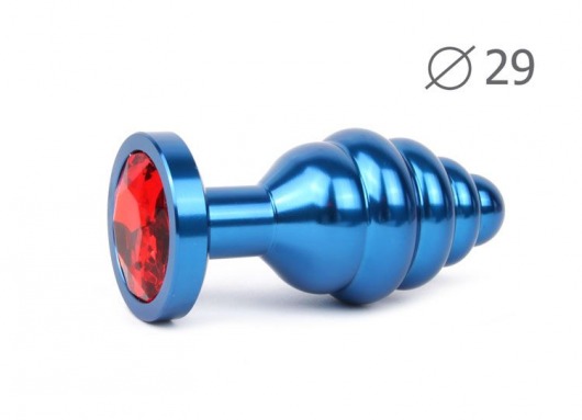 Коническая ребристая синяя анальная втулка с красным кристаллом - 7,1 см. - Anal Jewelry Plug - купить с доставкой в Санкт-Петербурге