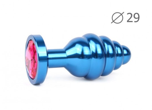 Коническая ребристая синяя анальная втулка с малиновым кристаллом - 7,1 см. - Anal Jewelry Plug - купить с доставкой в Санкт-Петербурге