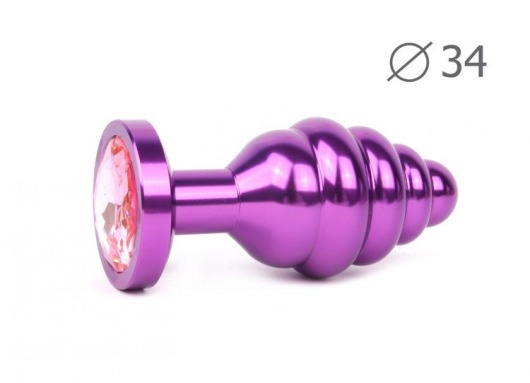 Коническая ребристая фиолетовая анальная втулка с розовым кристаллом - 8 см. - Anal Jewelry Plug - купить с доставкой в Санкт-Петербурге