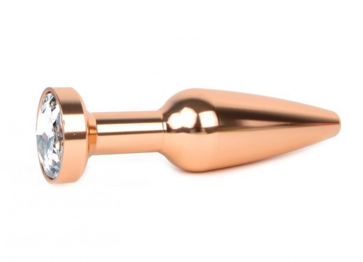 Удлиненная коническая гладкая золотистая анальная втулка с прозрачным кристаллом - 11,3 см. - Anal Jewelry Plug - купить с доставкой в Санкт-Петербурге