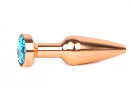 Удлиненная коническая гладкая золотистая анальная втулка с голубым кристаллом - 11,3 см. - Anal Jewelry Plug - купить с доставкой в Санкт-Петербурге