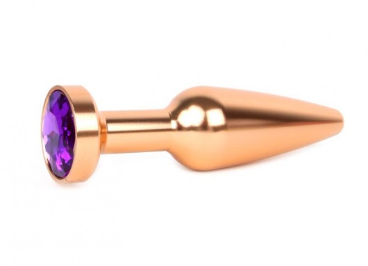 Удлиненная коническая гладкая золотистая анальная втулка с кристаллом фиолетового цвета - 11,3 см. - Anal Jewelry Plug - купить с доставкой в Санкт-Петербурге