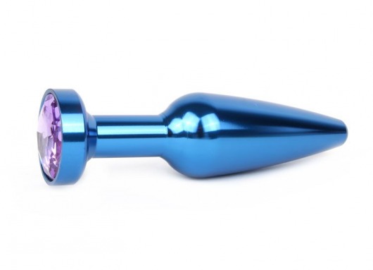 Удлиненная коническая гладкая синяя анальная втулка с сиреневым кристаллом - 11,3 см. - Anal Jewelry Plug - купить с доставкой в Санкт-Петербурге