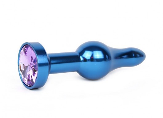 Удлиненная шарикообразная синяя анальная втулка с сиреневым кристаллом - 10,3 см. - Anal Jewelry Plug - купить с доставкой в Санкт-Петербурге