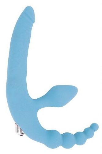 Голубой безремневой страпон с анальным отростком и вибрацией - 15 см. - Bior toys - купить с доставкой в Санкт-Петербурге