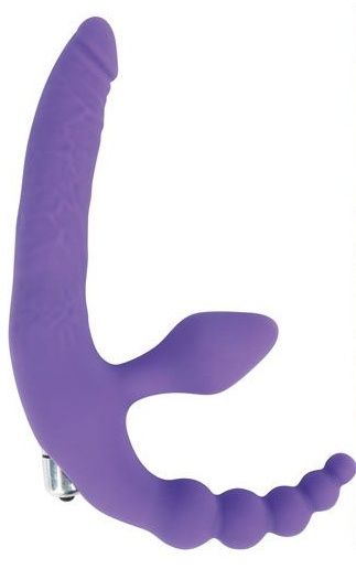Фиолетовый безремневой страпон с анальным отростком и вибрацией - 15 см. - Bior toys - купить с доставкой в Санкт-Петербурге