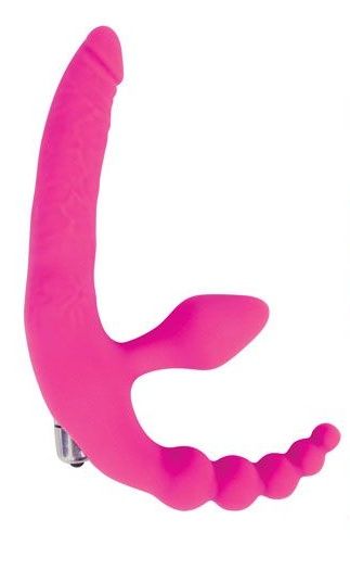 Розовый безремневой страпон с анальным отростком и вибрацией - 15 см. - Bior toys - купить с доставкой в Санкт-Петербурге