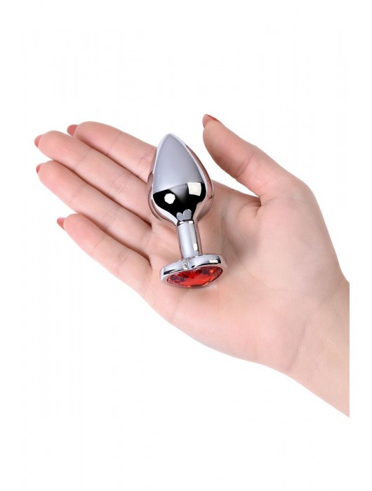 Серебристая коническая анальная пробка с красным кристаллом-сердечком - 7 см. - ToyFa - купить с доставкой в Санкт-Петербурге