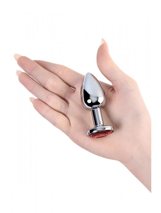 Большая серебристая коническая анальная пробка с красным кристаллом - 7,2 см. - ToyFa - купить с доставкой в Санкт-Петербурге