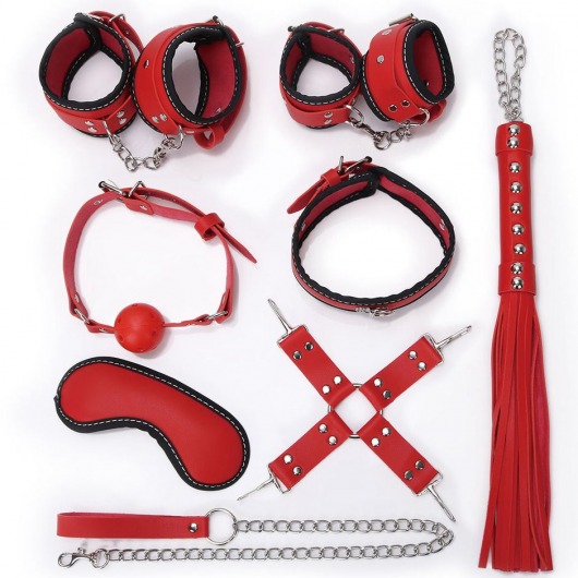 Пикантный красно-черный набор БДСМ: маска, ошейник, кляп, фиксатор, наручники, оковы, плеть - Bior toys - купить с доставкой в Санкт-Петербурге
