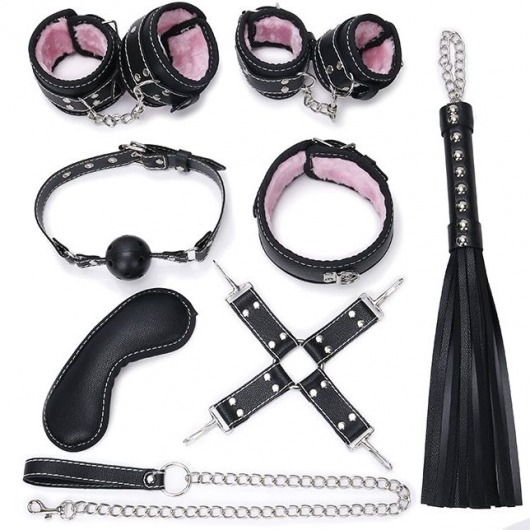 Пикантный черно-розовый набор БДСМ: маска, ошейник, кляп, фиксатор, наручники, оковы, плеть - Bior toys - купить с доставкой в Санкт-Петербурге