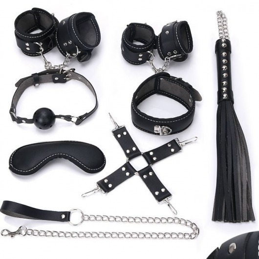 Пикантный черный набор БДСМ: маска, ошейник, кляп, фиксатор, наручники, оковы, плеть - Bior toys - купить с доставкой в Санкт-Петербурге