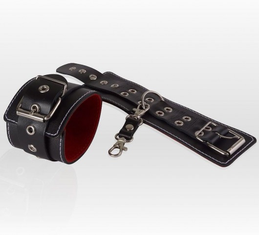 Чёрные кожаные наручники с контрастной строчкой и красной изнанкой - Sitabella - купить с доставкой в Санкт-Петербурге