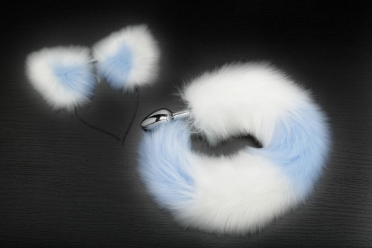 Серебристая анальная пробка с бело-голубым хвостиком и ободком-ушками - Пикантные штучки - купить с доставкой в Санкт-Петербурге