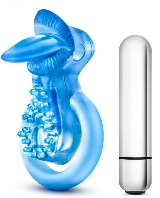 Голубое эрекционное виброкольцо 10 Function Vibrating Tongue Ring - Blush Novelties - в Санкт-Петербурге купить с доставкой