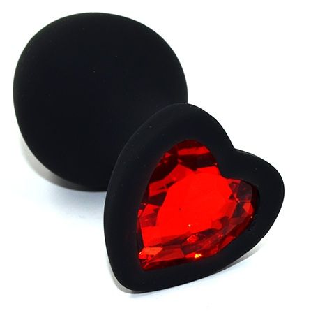 Черная анальная силиконовая пробка с красным кристаллом в форме сердца - 8,8 см. - Kanikule - купить с доставкой в Санкт-Петербурге