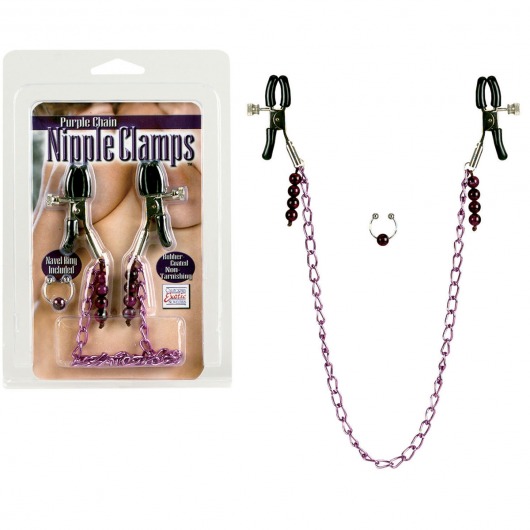 Фиолетовая цепь с зажимами на соски - California Exotic Novelties - купить с доставкой в Санкт-Петербурге