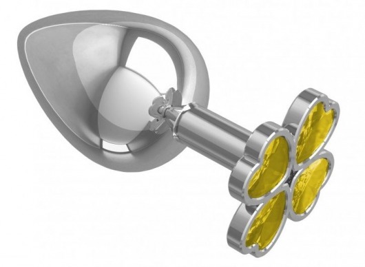 Большая серебристая анальная втулка с жёлтым клевером из кристаллов - 9,5 см. - Джага-Джага - купить с доставкой в Санкт-Петербурге