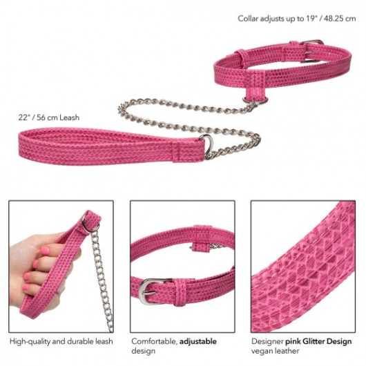 Розовый ошейник с поводком Tickle Me Pink Collar With Leash - California Exotic Novelties - купить с доставкой в Санкт-Петербурге