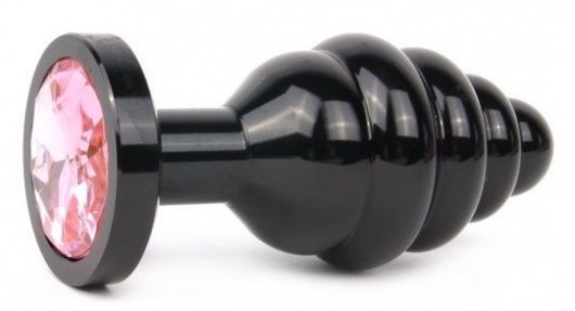 Черная ребристая анальная втулка с розовым кристаллом - 7,1 см. - Anal Jewelry Plug - купить с доставкой в Санкт-Петербурге