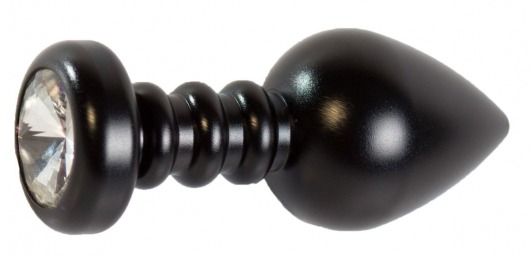 Черная рельефная анальная пробка с прозрачным стразом - 9 см. - Vandersex - купить с доставкой в Санкт-Петербурге