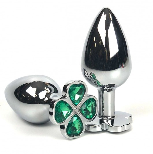 Серебристая анальная втулка с клевером из зеленых кристаллов - 9 см. - Vandersex - купить с доставкой в Санкт-Петербурге