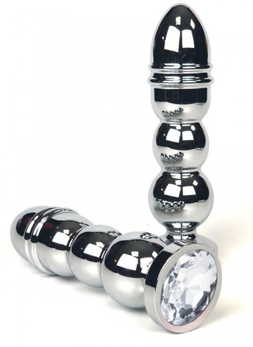 Серебристая анальная пробка-ёлочка с прозрачным кристаллом - 14,5 см. - Vandersex - купить с доставкой в Санкт-Петербурге