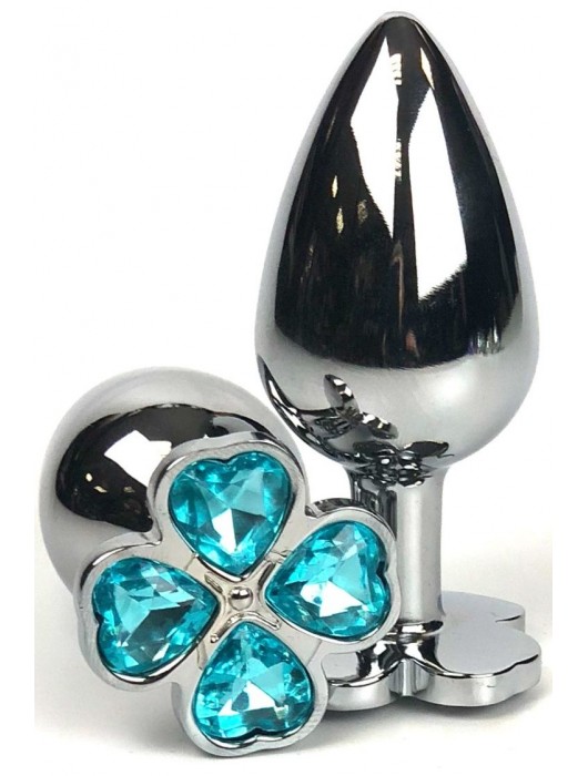 Серебристая анальная втулка с клевером из голубых кристаллов - 9 см. - Vandersex - купить с доставкой в Санкт-Петербурге