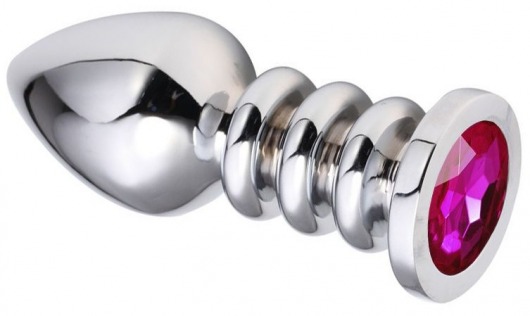 Серебристая анальная пробка на рельефной ножке с фиолетовым кристаллом - 9 см. - Vandersex - купить с доставкой в Санкт-Петербурге