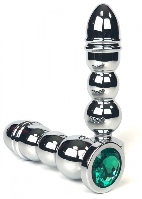 Серебристая закругленная анальная пробка-ёлочка с зеленым кристаллом - 13 см. - Vandersex - купить с доставкой в Санкт-Петербурге