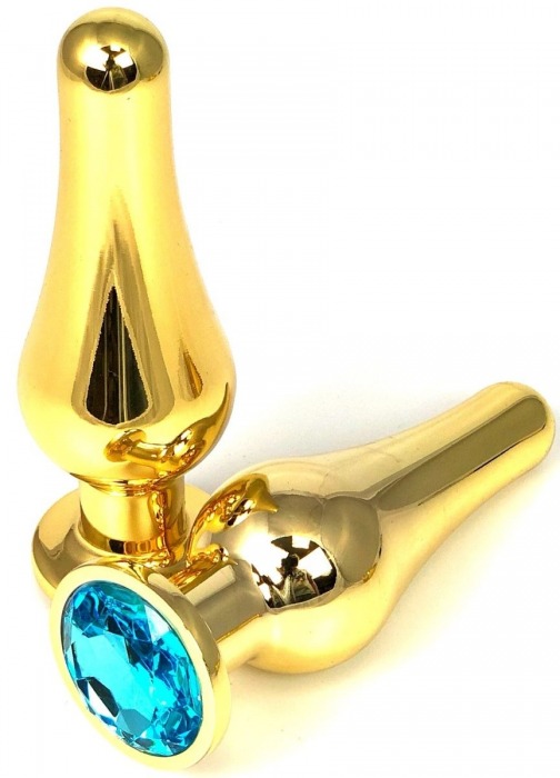 Золотистая удлиненная анальная пробка с голубым кристаллом - 11,5 см. - Vandersex - купить с доставкой в Санкт-Петербурге