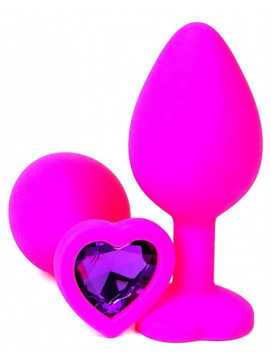Розовая силиконовая пробка с фиолетовым кристаллом-сердцем - 8 см. - Vandersex - купить с доставкой в Санкт-Петербурге