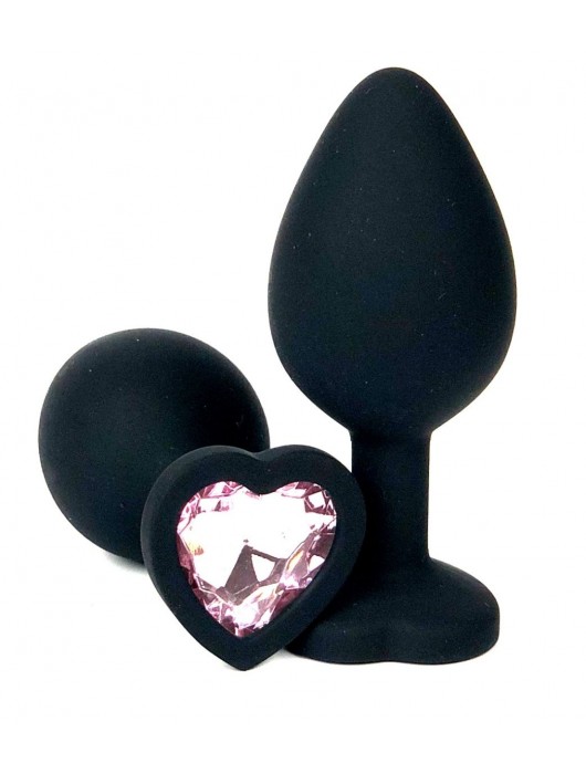 Черная силиконовая пробка с нежно-розовым кристаллом-сердцем - 10,5 см. - Vandersex - купить с доставкой в Санкт-Петербурге