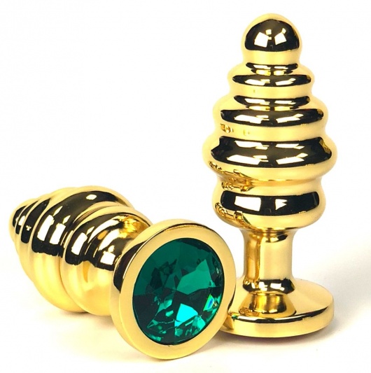 Золотистая ребристая анальная пробка с зеленым кристаллом - 6 см. - Vandersex - купить с доставкой в Санкт-Петербурге