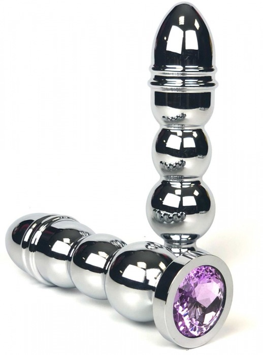 Серебристая закругленная анальная пробка-ёлочка с сиреневым кристаллом - 13 см. - Vandersex - купить с доставкой в Санкт-Петербурге