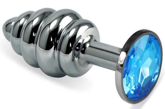 Серебристая  ребристая анальная пробка с голубым кристаллом - 8 см. - Vandersex - купить с доставкой в Санкт-Петербурге