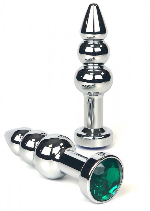 Серебристая коническая анальная пробка-ёлочка с зеленым кристаллом - 11 см. - Vandersex - купить с доставкой в Санкт-Петербурге