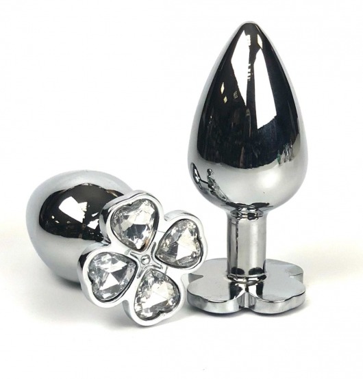 Серебристая анальная втулка с клевером из прозрачных кристаллов - 6,5 см. - Vandersex - купить с доставкой в Санкт-Петербурге