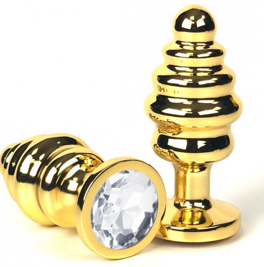 Золотистая ребристая анальная пробка с прозрачным кристаллом - 6 см. - Vandersex - купить с доставкой в Санкт-Петербурге