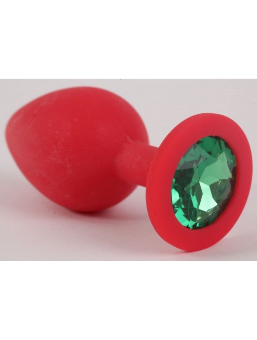 Красная силиконовая анальная пробка с зеленым стразом - 9,2 см. - Vandersex - купить с доставкой в Санкт-Петербурге