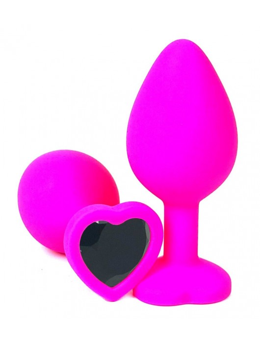 Розовая силиконовая пробка с черным кристаллом-сердцем - 10,5 см. - Vandersex - купить с доставкой в Санкт-Петербурге
