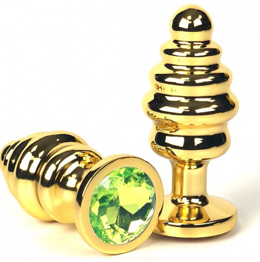 Золотистая ребристая анальная пробка с лаймовым кристаллом - 6 см. - Vandersex - купить с доставкой в Санкт-Петербурге