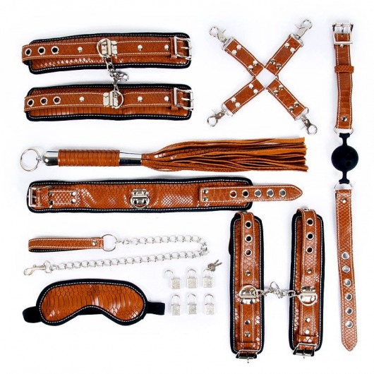 Стильный большой набор БДСМ: маска, ошейник, кляп, фиксатор, наручники, оковы, плеть - Bior toys - купить с доставкой в Санкт-Петербурге
