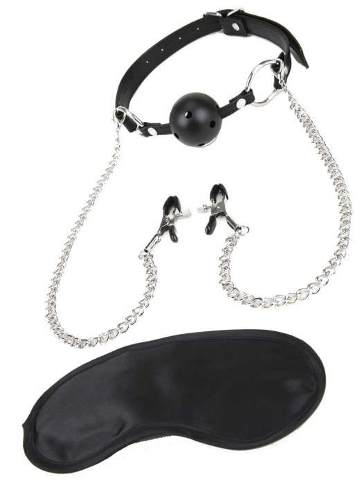 Чёрный кляп-шар с зажимами для сосков - Lux Fetish - купить с доставкой в Санкт-Петербурге
