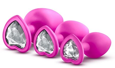 Набор розовых анальных пробок с прозрачным кристаллом-сердечком Bling Plugs Training Kit - Blush Novelties - купить с доставкой в Санкт-Петербурге
