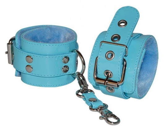 Голубые лаковые наручники с меховой отделкой - Sitabella - купить с доставкой в Санкт-Петербурге