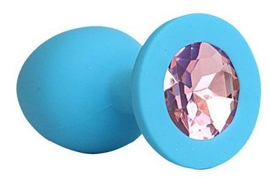 Голубая силиконовая анальная пробка с нежно-розовым кристаллом - 9,5 см. - Bior toys - купить с доставкой в Санкт-Петербурге
