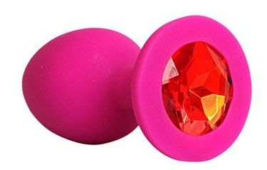 Ярко-розовая анальная пробка с красным кристаллом - 9,5 см. - 1137 - купить с доставкой в Санкт-Петербурге