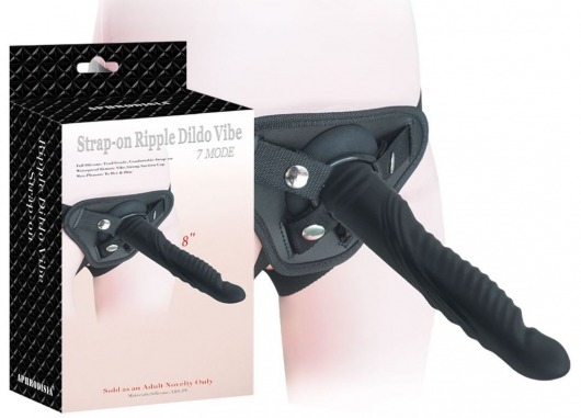 Черный страпон 8 inch Strap-on Ripple Dildo Vibe - 21 см. - Howells - купить с доставкой в Санкт-Петербурге